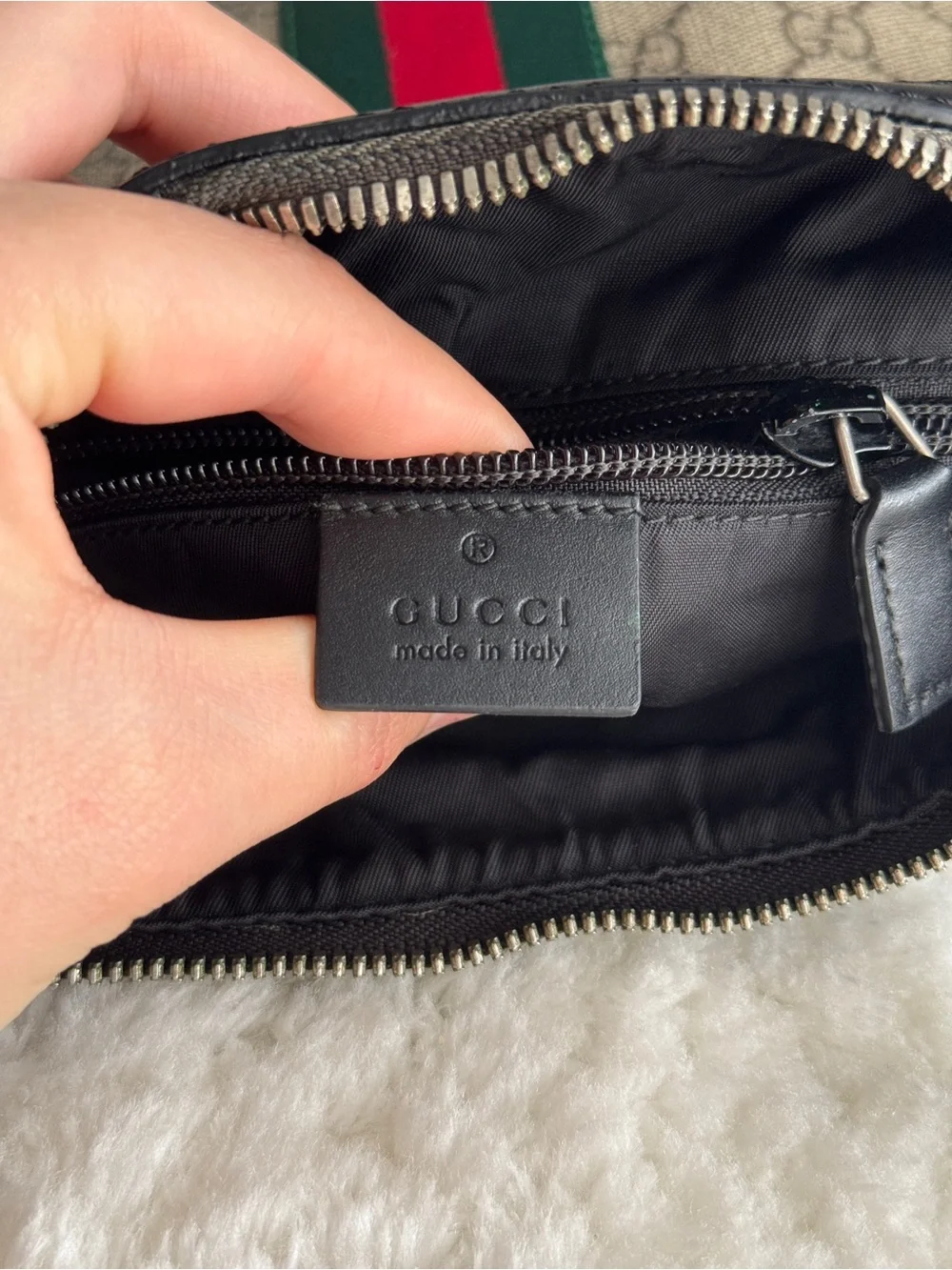 Gucci small Beige GG Canvas Messenger Bag with Green & Red Stripe